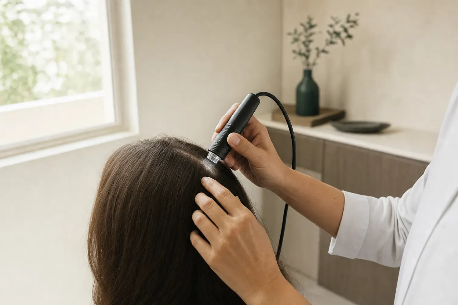 Detalhe de avaliação capilar com microscopia digital em ambiente clínico discreto e silencioso